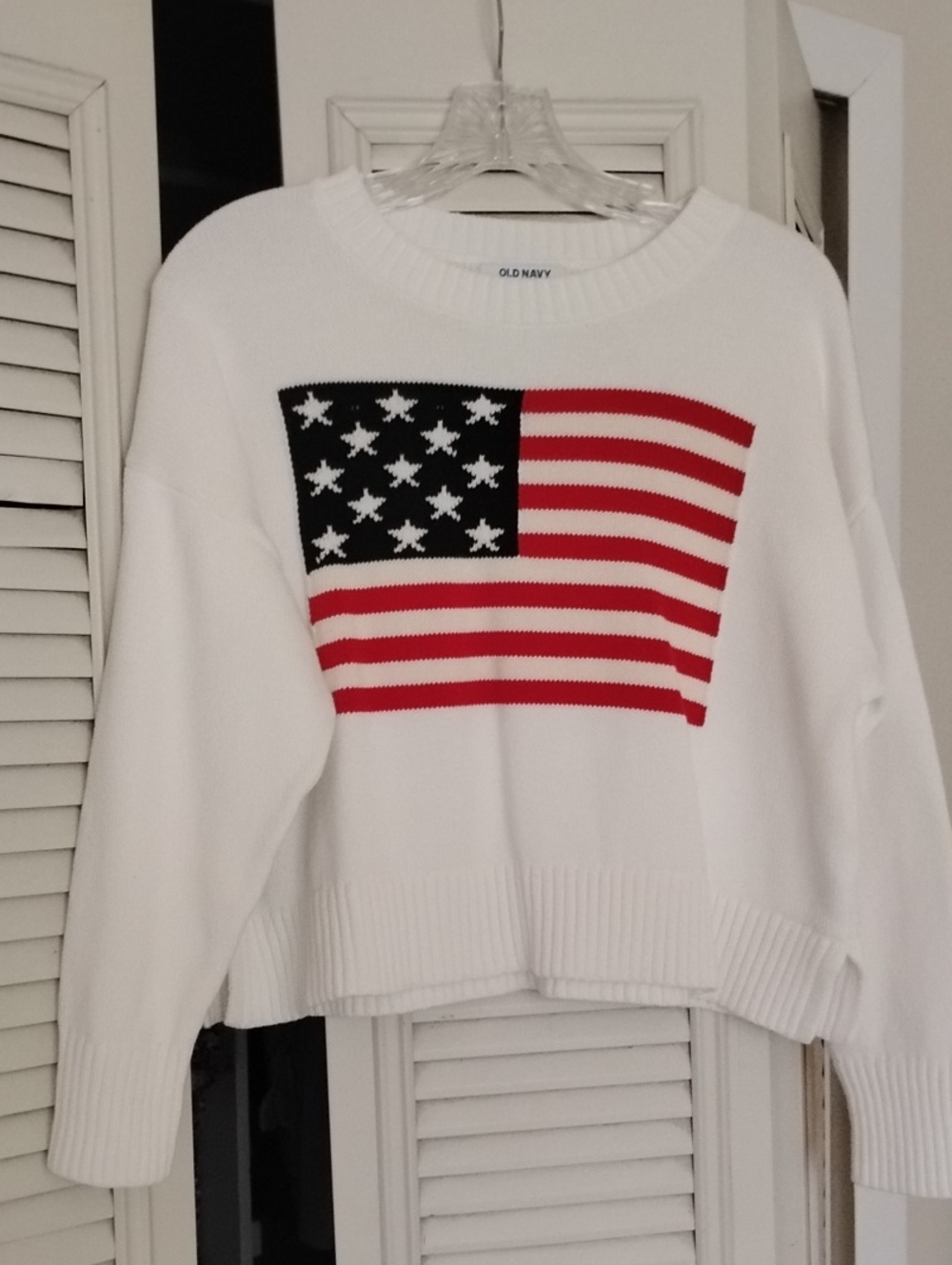 Old Navy White Crewneck Sweater with Flag Graphic
